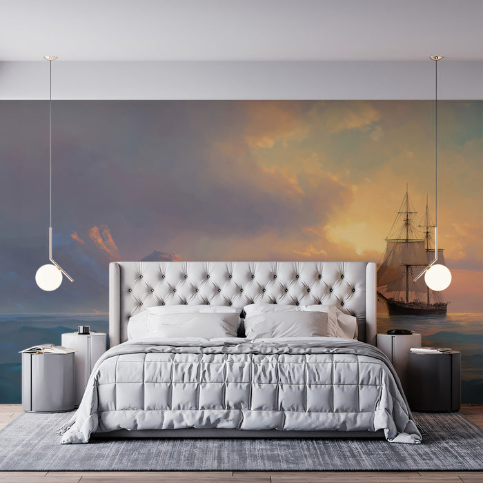 Sunset Seascape Sailing Mural Wallpaper | Oil Painting, Misty Mountains, Warm and Cool Tones