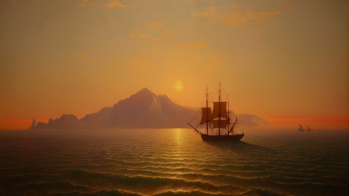 Golden Hour Seascape Painting Mural Wallpaper | Warm Tones, Sailboat Silhouette, Sublime Mountain View