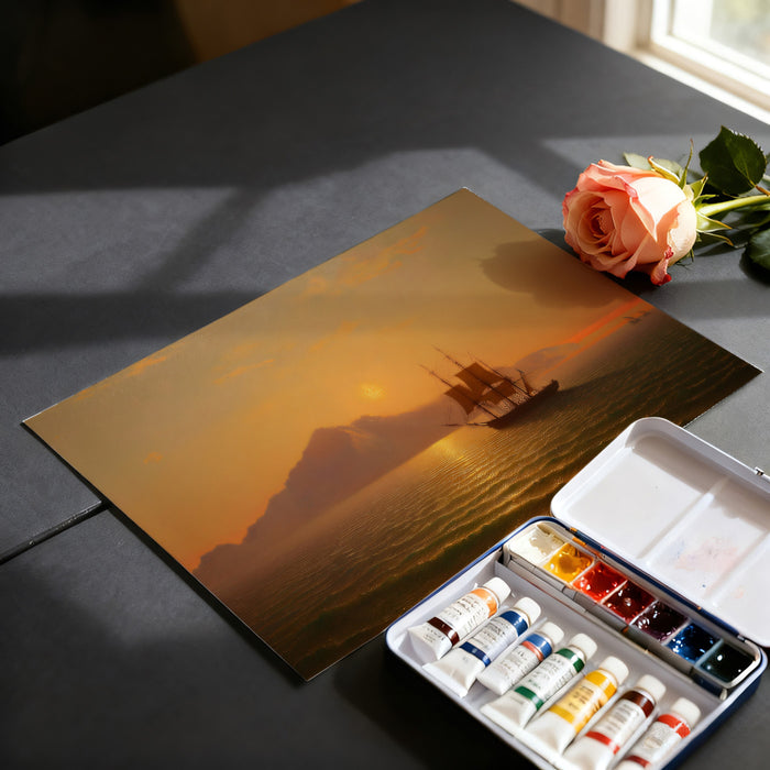 Golden Hour Seascape Painting Mural Wallpaper | Warm Tones, Sailboat Silhouette, Sublime Mountain View