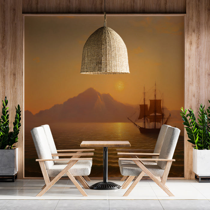 Golden Hour Seascape Painting Mural Wallpaper | Warm Tones, Sailboat Silhouette, Sublime Mountain View