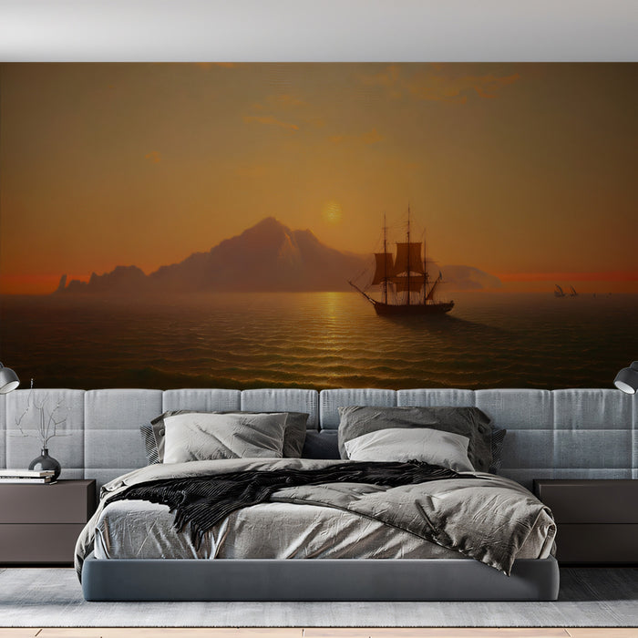 Golden Hour Seascape Painting Mural Wallpaper | Warm Tones, Sailboat Silhouette, Sublime Mountain View