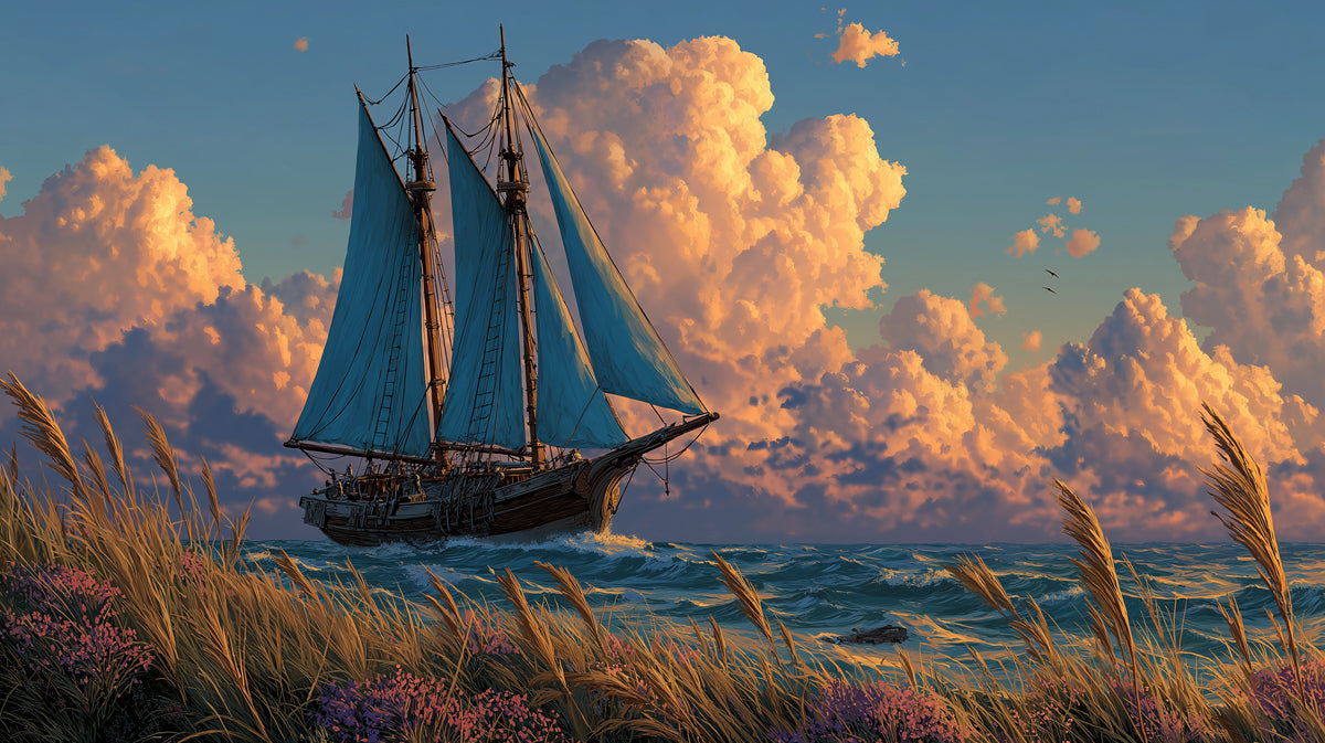 Coastal Schooner Sunset Mural Wallpaper | Foreground Flora, Lush Landscape, Vibrant Cloudscape