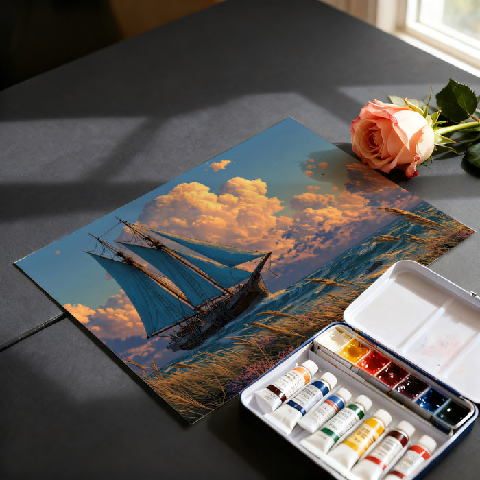 Coastal Schooner Sunset Mural Wallpaper | Foreground Flora, Lush Landscape, Vibrant Cloudscape