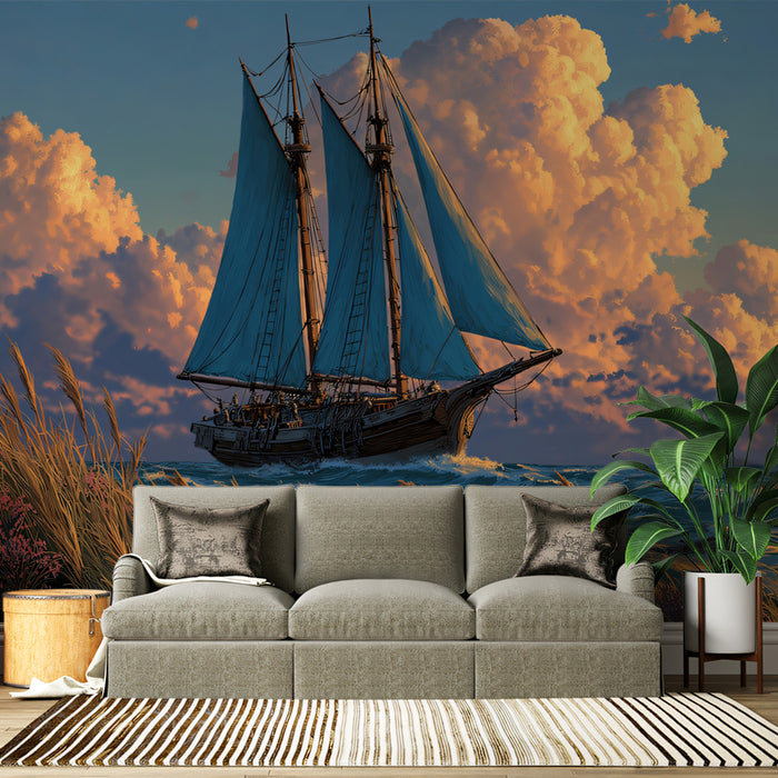 Coastal Schooner Sunset Mural Wallpaper | Foreground Flora, Lush Landscape, Vibrant Cloudscape