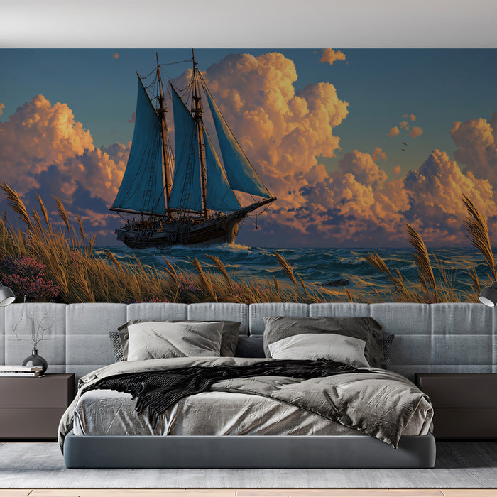 Coastal Schooner Sunset Mural Wallpaper | Foreground Flora, Lush Landscape, Vibrant Cloudscape