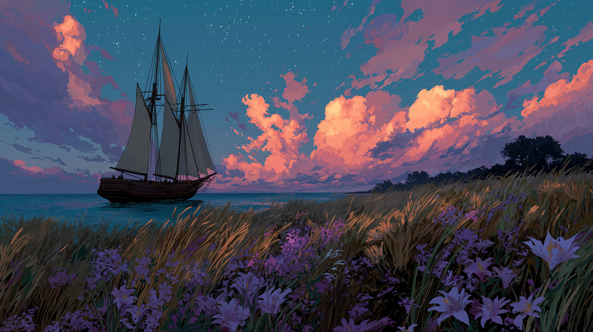 Twilight Sailing Schooner Mural Wallpaper | Purple and Pink Sky, Starry Night, Foreground Flowers