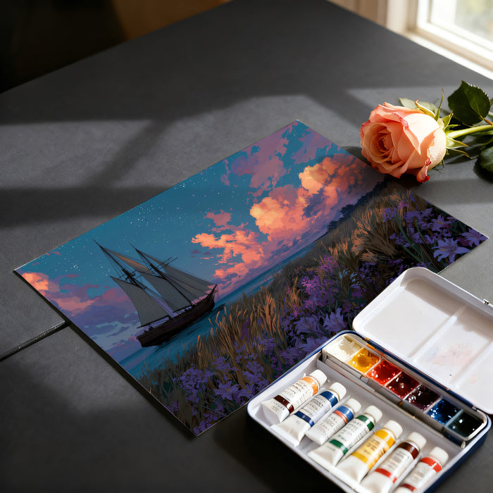 Twilight Sailing Schooner Mural Wallpaper | Purple and Pink Sky, Starry Night, Foreground Flowers