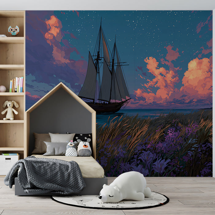 Twilight Sailing Schooner Mural Wallpaper | Purple and Pink Sky, Starry Night, Foreground Flowers