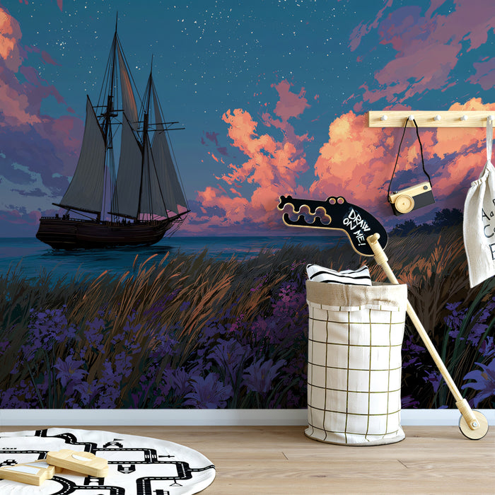 Twilight Sailing Schooner Mural Wallpaper | Purple and Pink Sky, Starry Night, Foreground Flowers