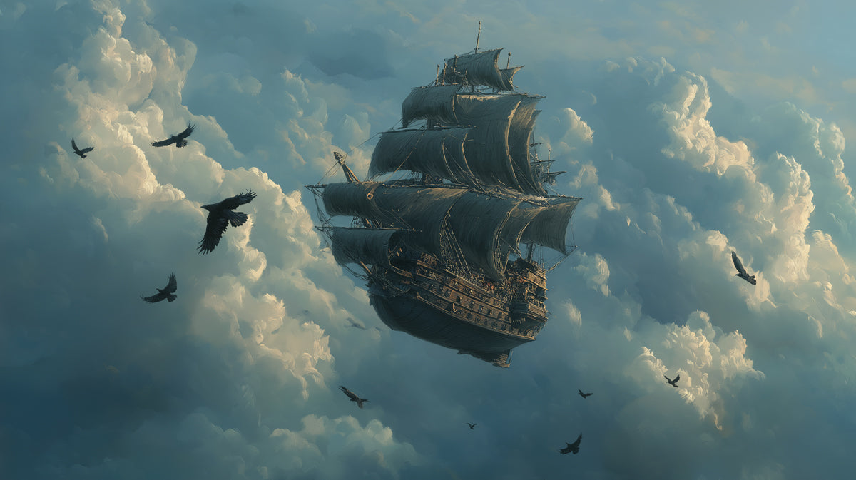 Flying Black Galleon Fantasy Mural Wallpaper | Dark Sky, Fluffy Clouds, Mythical Airship Adventure