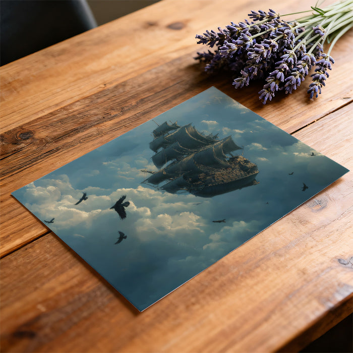 Flying Black Galleon Fantasy Mural Wallpaper | Dark Sky, Fluffy Clouds, Mythical Airship Adventure