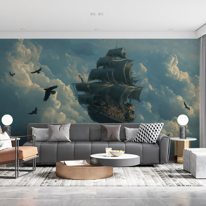 Flying Black Galleon Fantasy Mural Wallpaper | Dark Sky, Fluffy Clouds, Mythical Airship Adventure