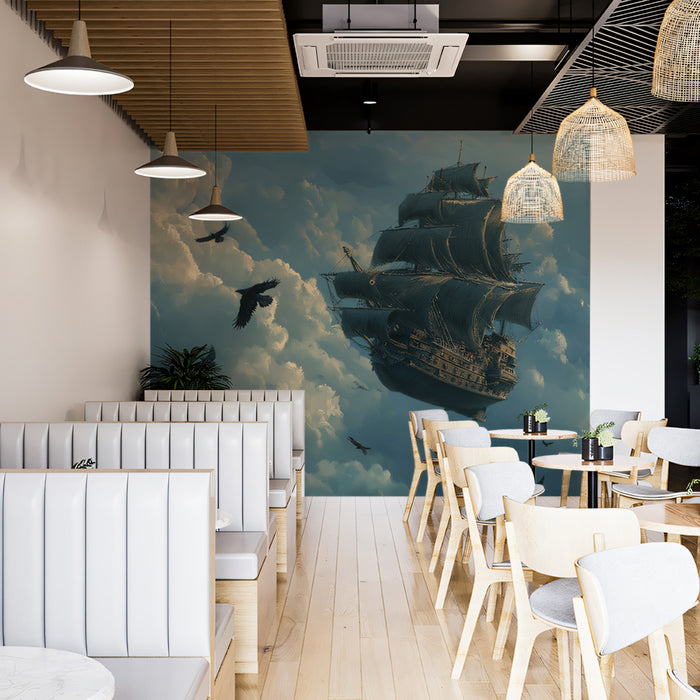 Flying Black Galleon Fantasy Mural Wallpaper | Dark Sky, Fluffy Clouds, Mythical Airship Adventure