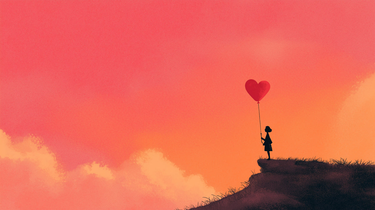 Solitary Child Heart Balloon Mural Wallpaper | Sunset Silhouette, Vibrant Sky, Minimalist Romance
