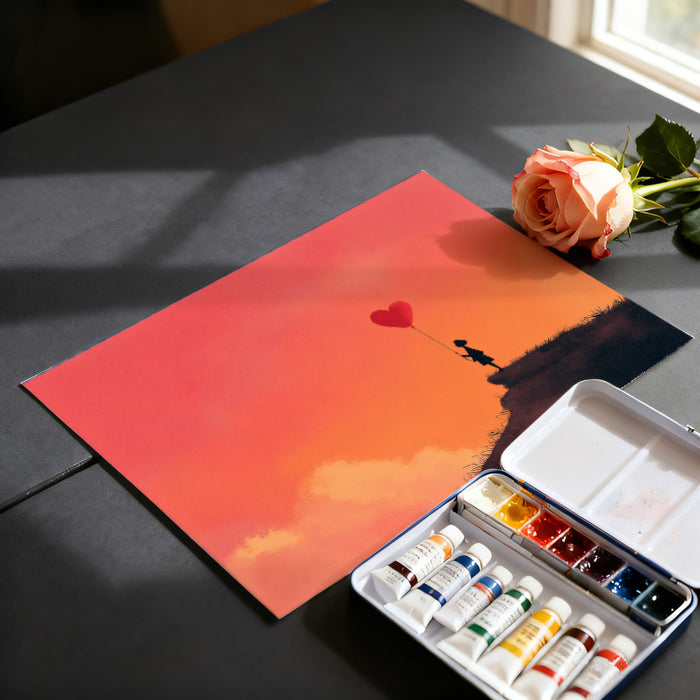 Solitary Child Heart Balloon Mural Wallpaper | Sunset Silhouette, Vibrant Sky, Minimalist Romance