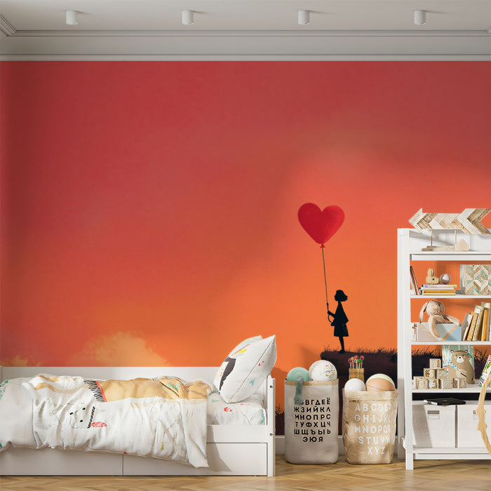 Solitary Child Heart Balloon Mural Wallpaper | Sunset Silhouette, Vibrant Sky, Minimalist Romance