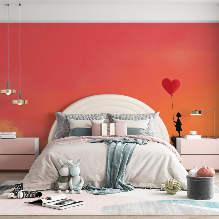 Solitary Child Heart Balloon Mural Wallpaper | Sunset Silhouette, Vibrant Sky, Minimalist Romance