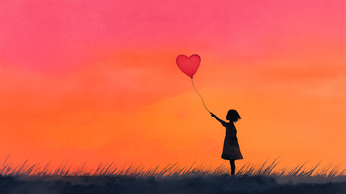 Heart Balloon Field Sunset Mural Wallpaper | Silhouette Art, Warm Hues, Romantic Simplicity