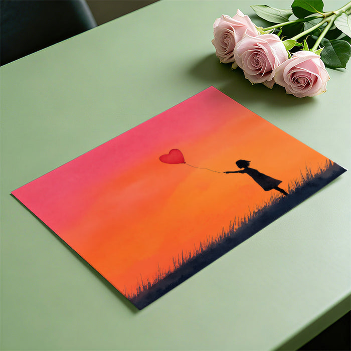Heart Balloon Field Sunset Mural Wallpaper | Silhouette Art, Warm Hues, Romantic Simplicity
