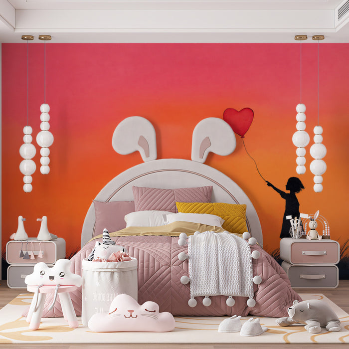 Heart Balloon Field Sunset Mural Wallpaper | Silhouette Art, Warm Hues, Romantic Simplicity