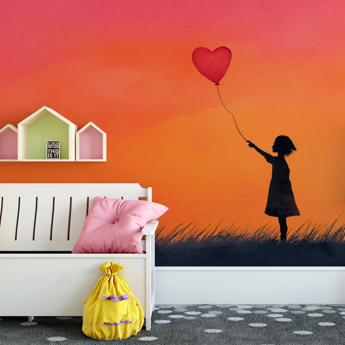 Heart Balloon Field Sunset Mural Wallpaper | Silhouette Art, Warm Hues, Romantic Simplicity