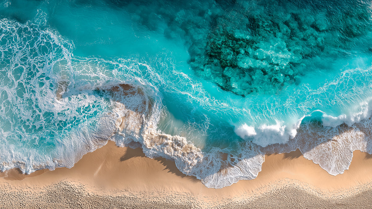 Tropical Beach Aerial Mural Wallpaper | Turquoise and Teal Water, Crashing Waves, High-Detail Sand Texture
