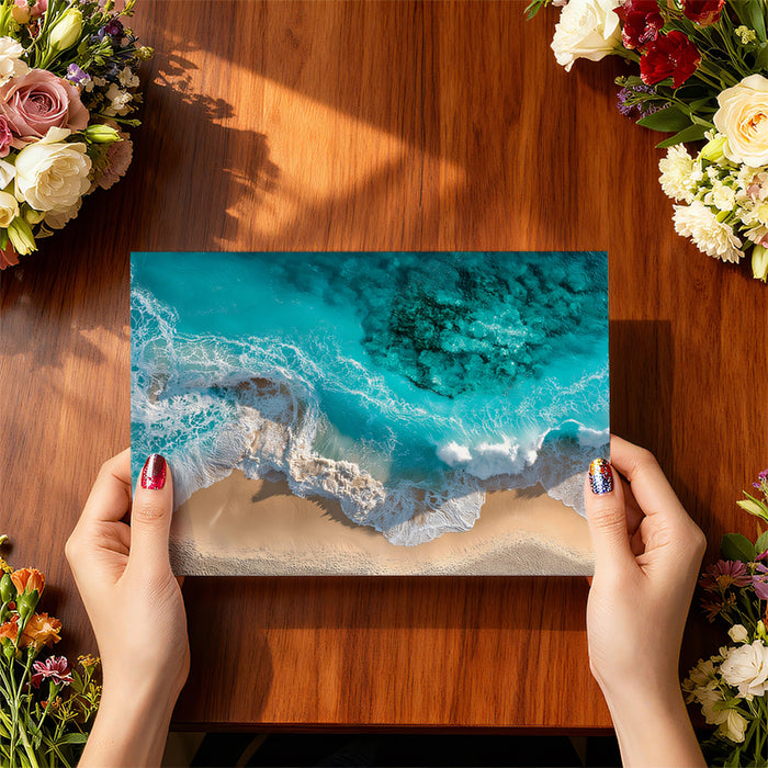 Tropical Beach Aerial Mural Wallpaper | Turquoise and Teal Water, Crashing Waves, High-Detail Sand Texture