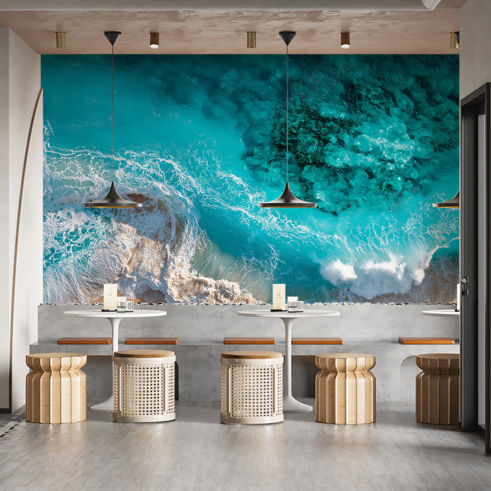 Tropical Beach Aerial Mural Wallpaper | Turquoise and Teal Water, Crashing Waves, High-Detail Sand Texture
