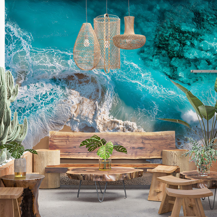 Tropical Beach Aerial Mural Wallpaper | Turquoise and Teal Water, Crashing Waves, High-Detail Sand Texture