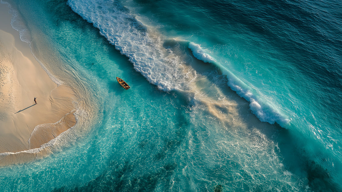Turquoise Cove Aerial Mural Wallpaper | Serene Beach, Blue and White Foam, Tropical Seaside View