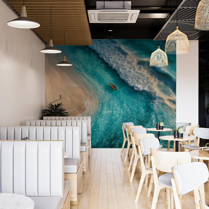 Turquoise Cove Aerial Mural Wallpaper | Serene Beach, Blue and White Foam, Tropical Seaside View