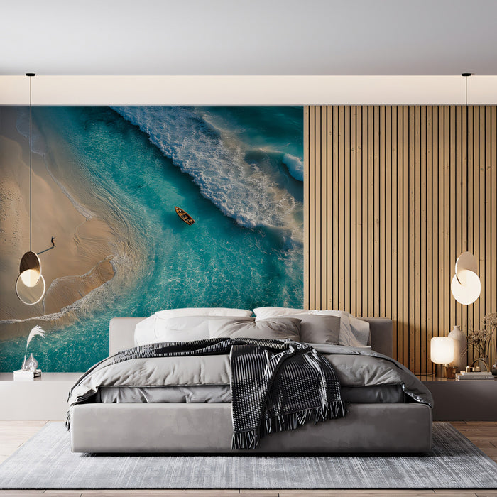 Turquoise Cove Aerial Mural Wallpaper | Serene Beach, Blue and White Foam, Tropical Seaside View
