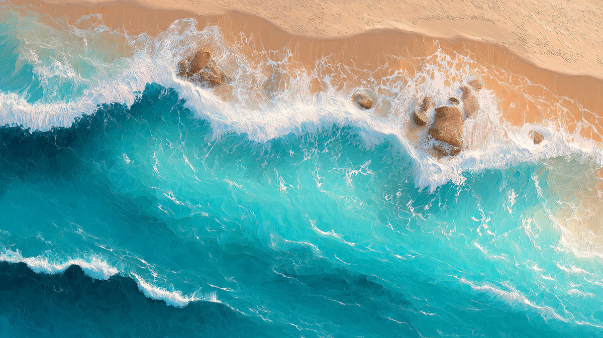 Beach Waves and Sand Texture Mural Wallpaper | Overhead View, Aqua Water, Natural Coastal Pattern