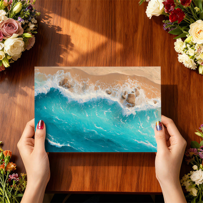 Beach Waves and Sand Texture Mural Wallpaper | Overhead View, Aqua Water, Natural Coastal Pattern