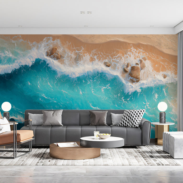 Beach Waves and Sand Texture Mural Wallpaper | Overhead View, Aqua Water, Natural Coastal Pattern