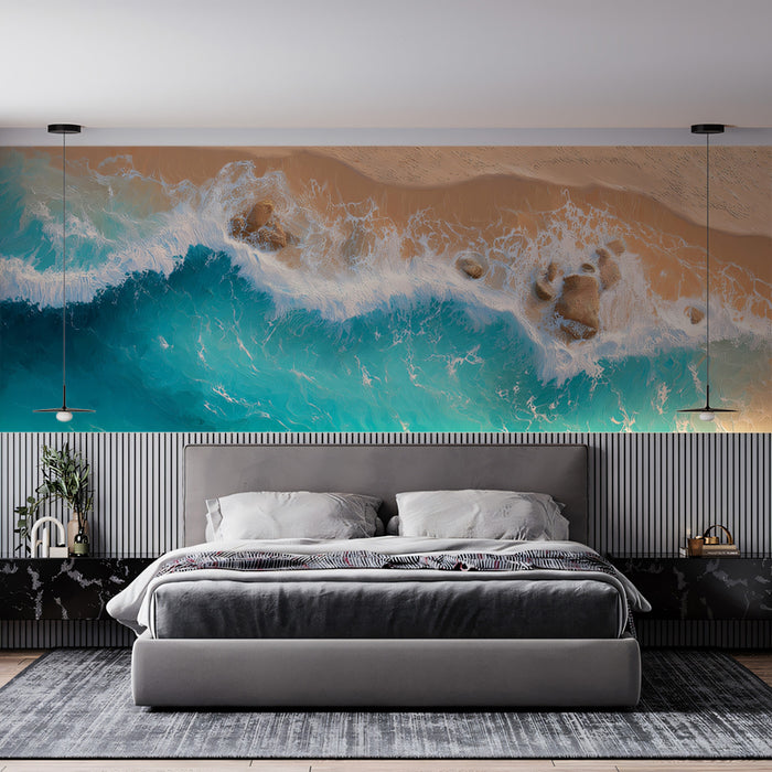 Beach Waves and Sand Texture Mural Wallpaper | Overhead View, Aqua Water, Natural Coastal Pattern