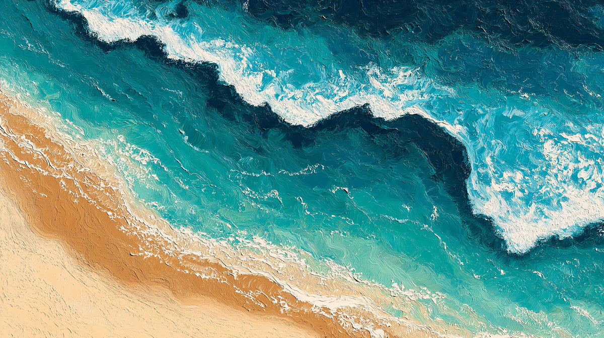 High-Contrast Beach Painting Mural Wallpaper | Aerial View, Turquoise and Deep Blue, Textured Ocean Art