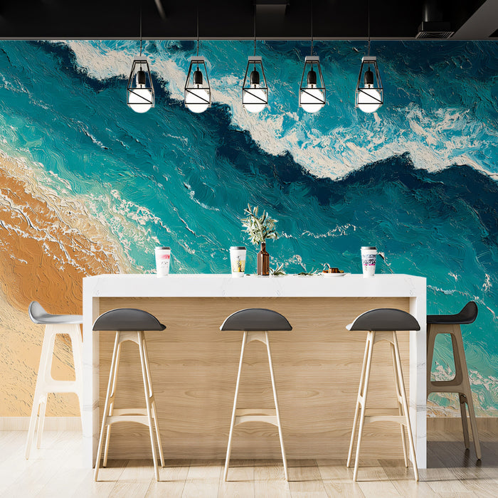 High-Contrast Beach Painting Mural Wallpaper | Aerial View, Turquoise and Deep Blue, Textured Ocean Art
