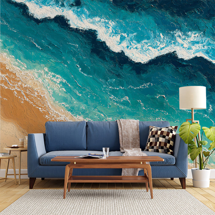 High-Contrast Beach Painting Mural Wallpaper | Aerial View, Turquoise and Deep Blue, Textured Ocean Art