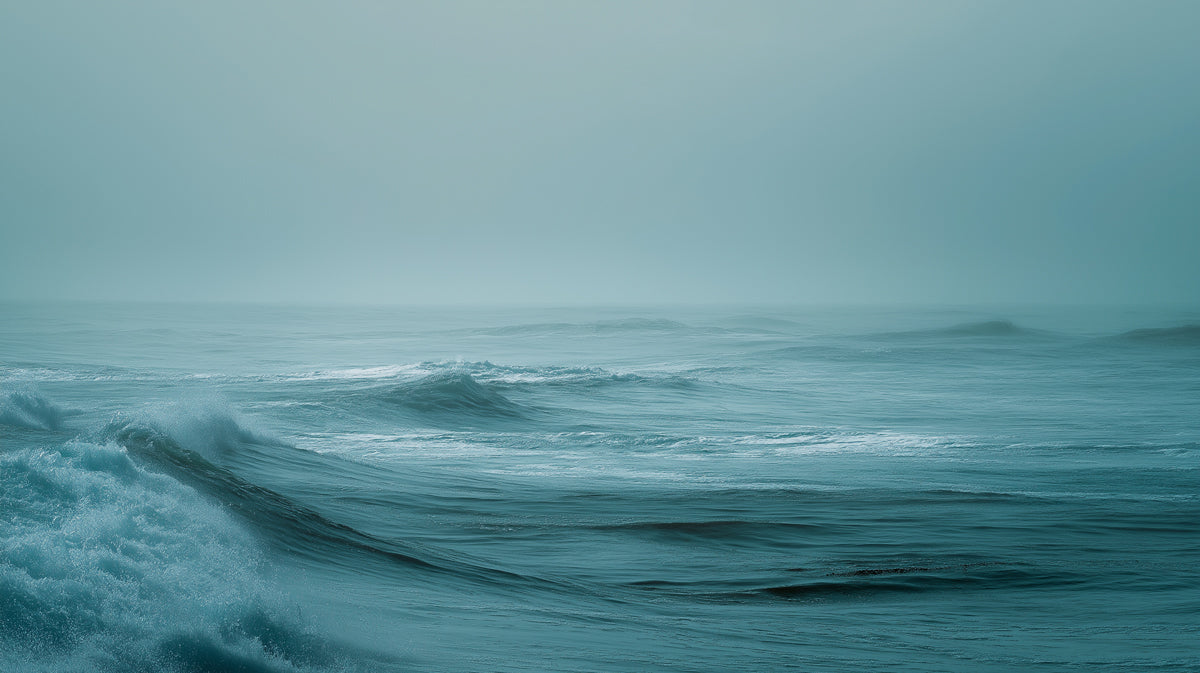 Foggy Teal Ocean Waves Mural Wallpaper | Misty Atmosphere, Monochromatic Cool Tones, Tranquil Seascape