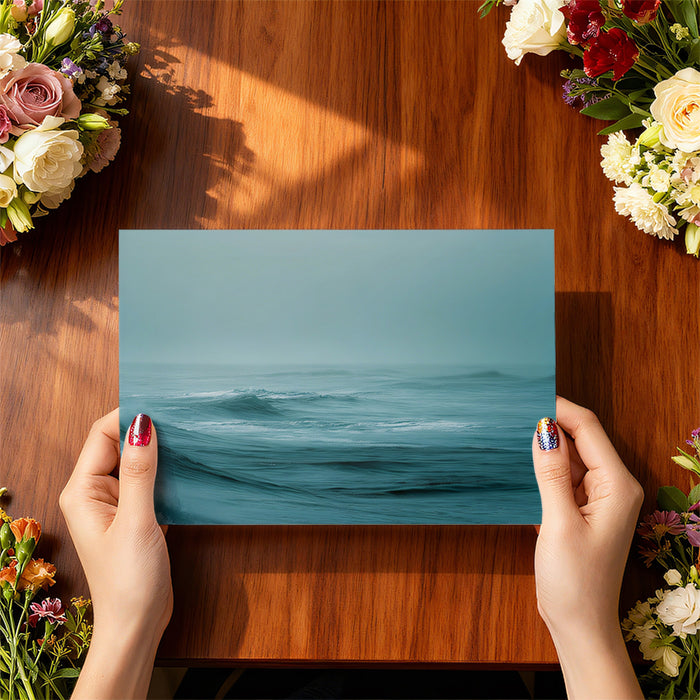 Foggy Teal Ocean Waves Mural Wallpaper | Misty Atmosphere, Monochromatic Cool Tones, Tranquil Seascape