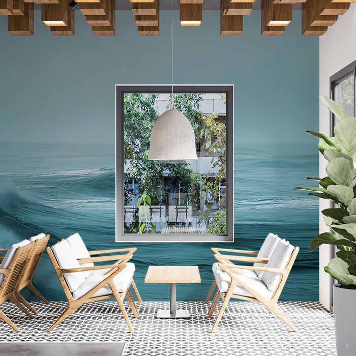 Foggy Teal Ocean Waves Mural Wallpaper | Misty Atmosphere, Monochromatic Cool Tones, Tranquil Seascape