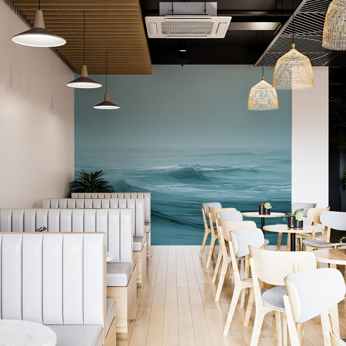 Foggy Teal Ocean Waves Mural Wallpaper | Misty Atmosphere, Monochromatic Cool Tones, Tranquil Seascape