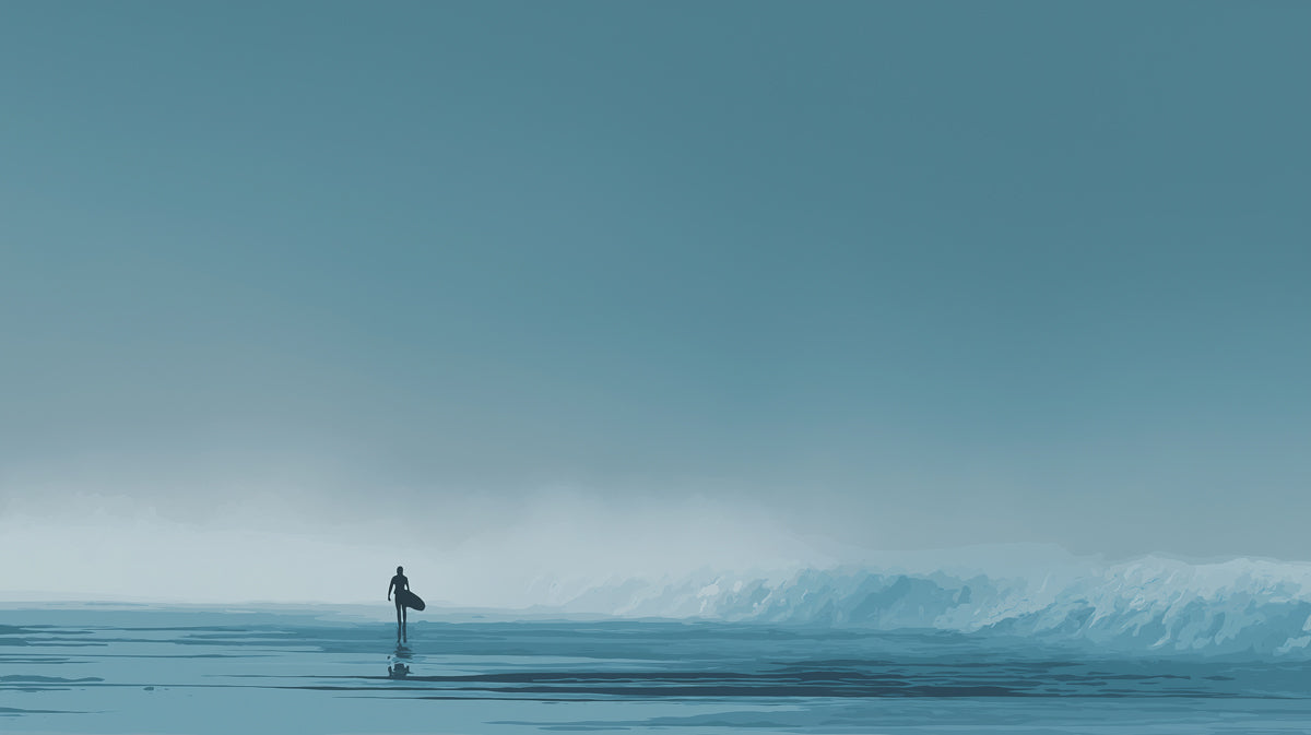 Minimalist Surfer Foggy Shore Mural Wallpaper | Monochromatic Blue, Silhouette Figure, Vast Negative Space