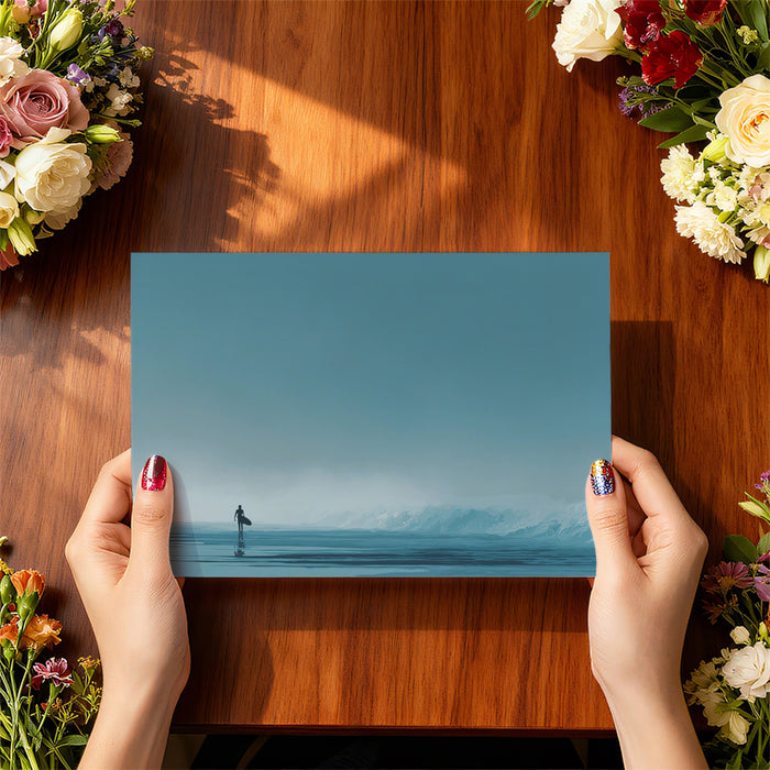 Minimalist Surfer Foggy Shore Mural Wallpaper | Monochromatic Blue, Silhouette Figure, Vast Negative Space