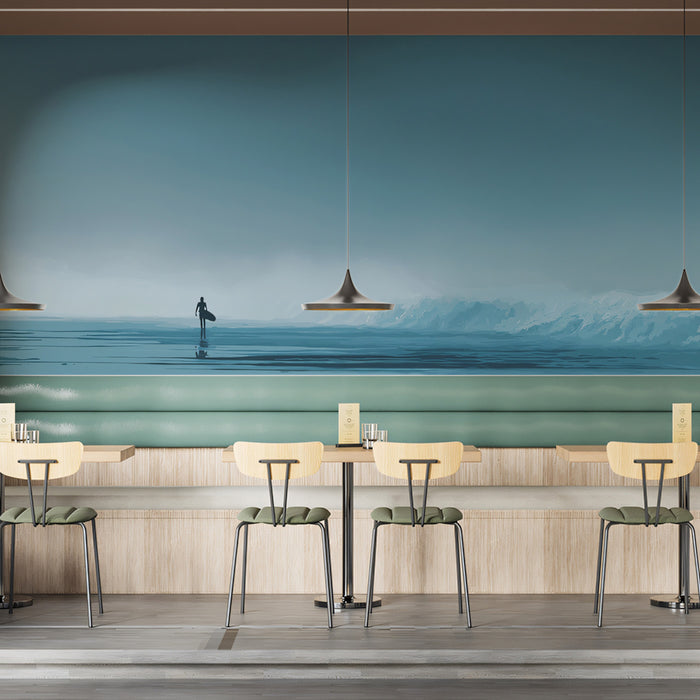 Minimalist Surfer Foggy Shore Mural Wallpaper | Monochromatic Blue, Silhouette Figure, Vast Negative Space