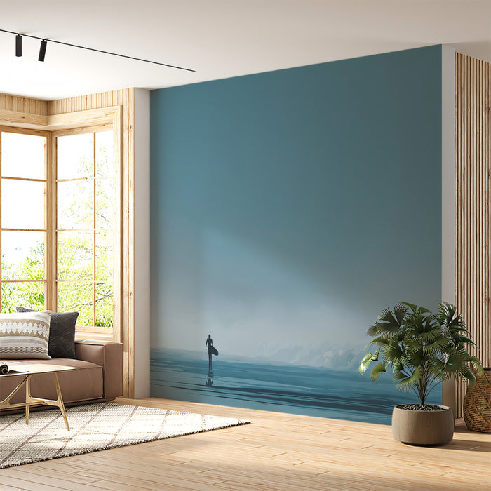 Minimalist Surfer Foggy Shore Mural Wallpaper | Monochromatic Blue, Silhouette Figure, Vast Negative Space