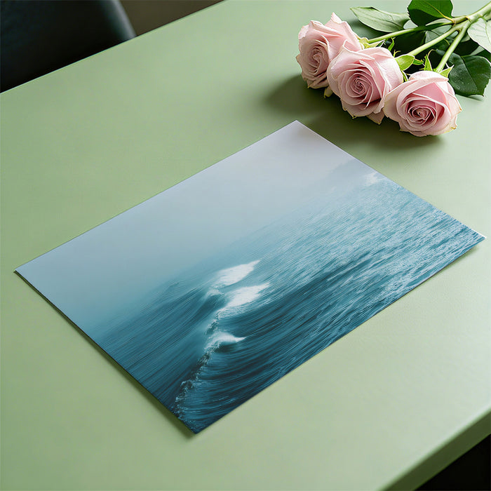 Serene Foggy Beach Waves Mural Wallpaper | Cool Teal Hues, Repetitive Motion, Minimalist Coastal Scene