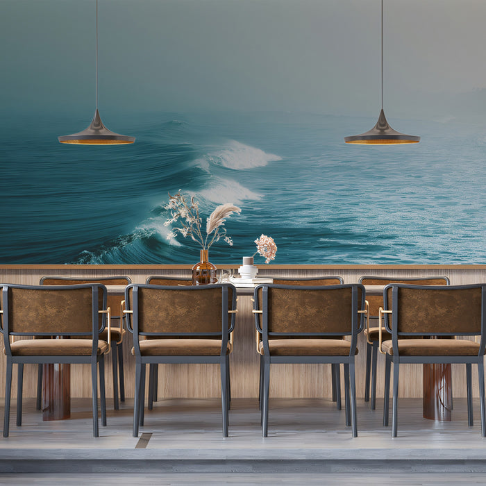 Serene Foggy Beach Waves Mural Wallpaper | Cool Teal Hues, Repetitive Motion, Minimalist Coastal Scene