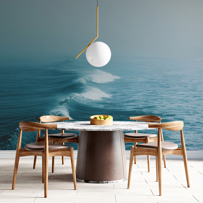 Serene Foggy Beach Waves Mural Wallpaper | Cool Teal Hues, Repetitive Motion, Minimalist Coastal Scene